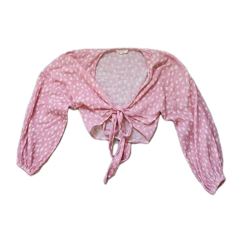 Anthropologie Pink Polka Dot Tie Front Crop Top One Size Sheer Boho Blouse EUC